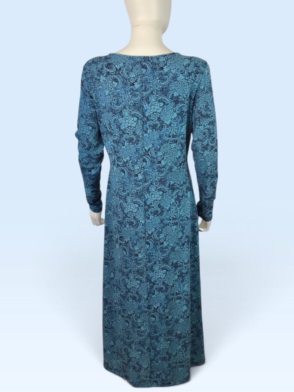 Peruvian Connection Midi Dress Teal Blue & Black Floral Long-Sleeve A-line - Picture 7 of 11